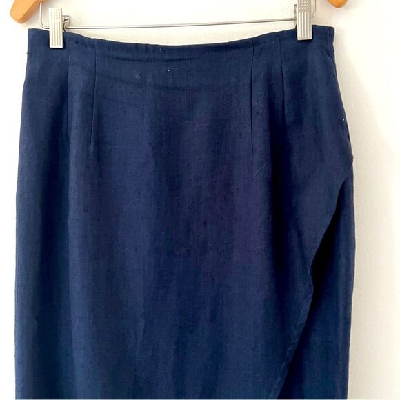 Vintage Linen Skirt Lined Navy Faux Wrap Size 10 Modest Capsule Minimal Tradwife - Picture 2 of 8
